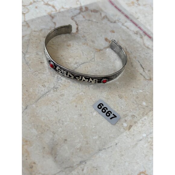 Tibetan-Inspired Silver Cuff Bracelet With Red Gemstones & Engraved Mantra Desig - Picture 3 of 8